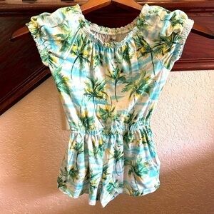 Old Navy Little Girls Size 6/7 Blue & Green Tropical Palm Puff Sleeve Romper
